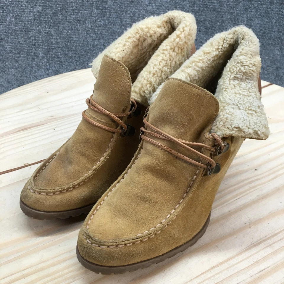 Botas talladas con volantes para mujer 7 M botín al tobillo sauce marrón gamuza piel de oveja tacones cubanos Foto 3 de 4