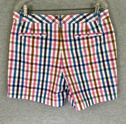 Lands End Women's 12 Mid-Rise Shorts Plaid 7" Inseam Pink Blue Brown on White - Picture 5 of 13
