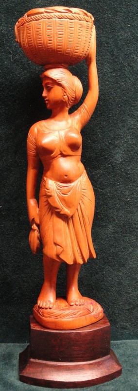 Vintage Farmer Woman Figurine Kerala India 9-5/8" Hand Carved Sandalwood & Teak