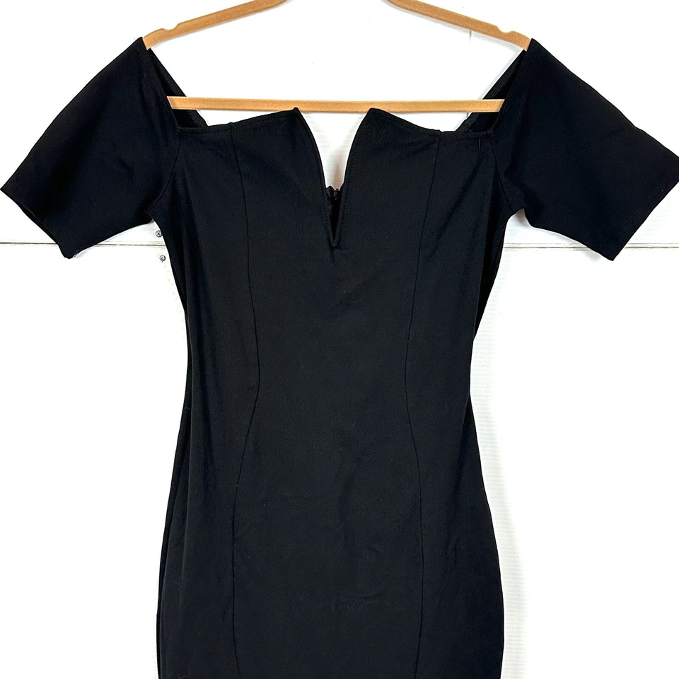 CAMEO Vestido Sirena Negro Talla L Elastizado Jersey Corsé Fuera del Hombro Alto Bajo Foto 3 de 4