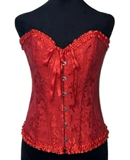 SZ L Red Corset Bustier Top Ribbon Bow Ruffle Lace Criss Cross Shaping Boudoir