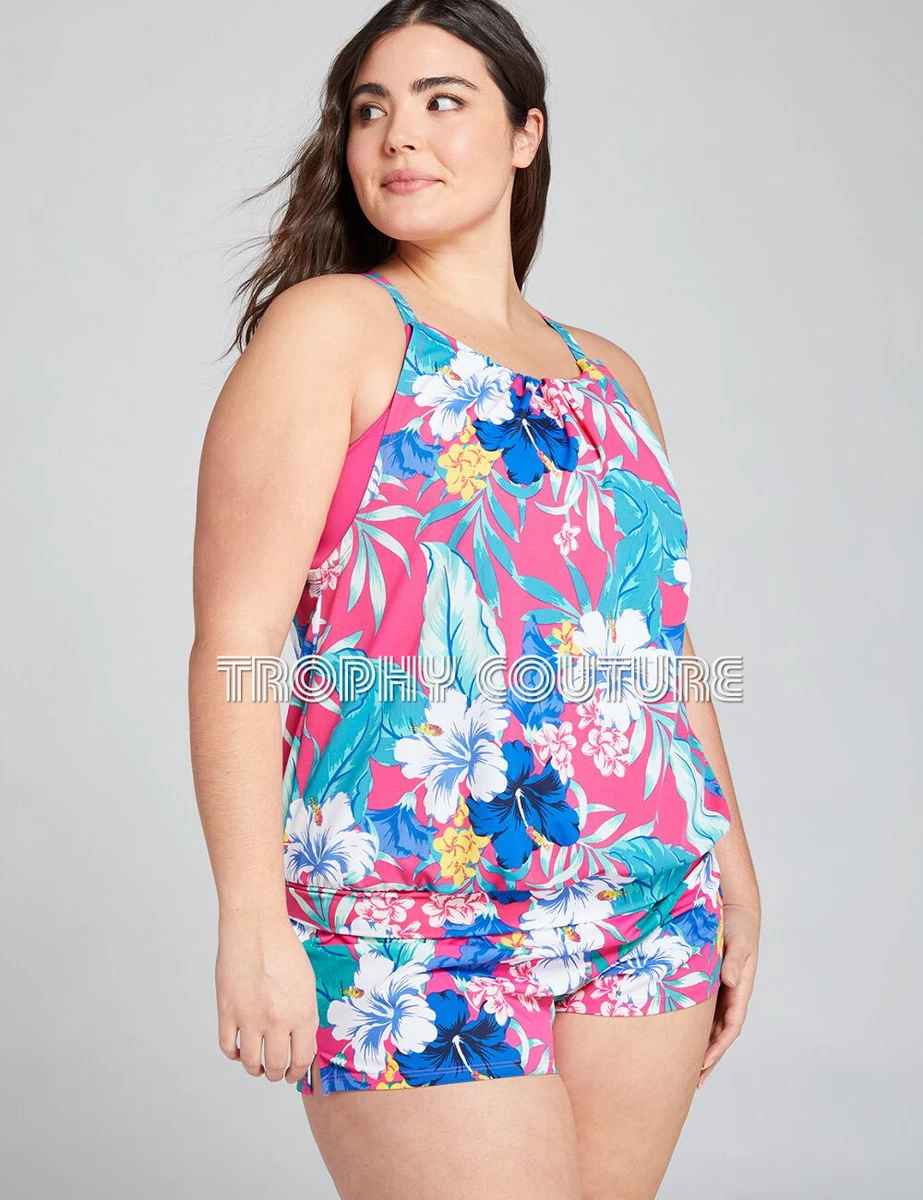 LANE BRYANT CACIQUE SWIM HIBISCUS TROPICS NO WIRE BRA BLOUSON TANKINI TOP  SZ 14