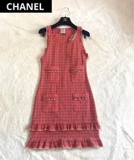 CHANEL Resort Mini Dress Pink Red Flare Tweed Stretch L