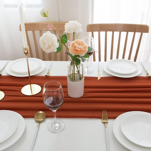 Runner Tavola in Chiffon, Runner Autunnale,70X300 Cm, in Rosso Ruggine, Fascia T - Foto 9 di 9