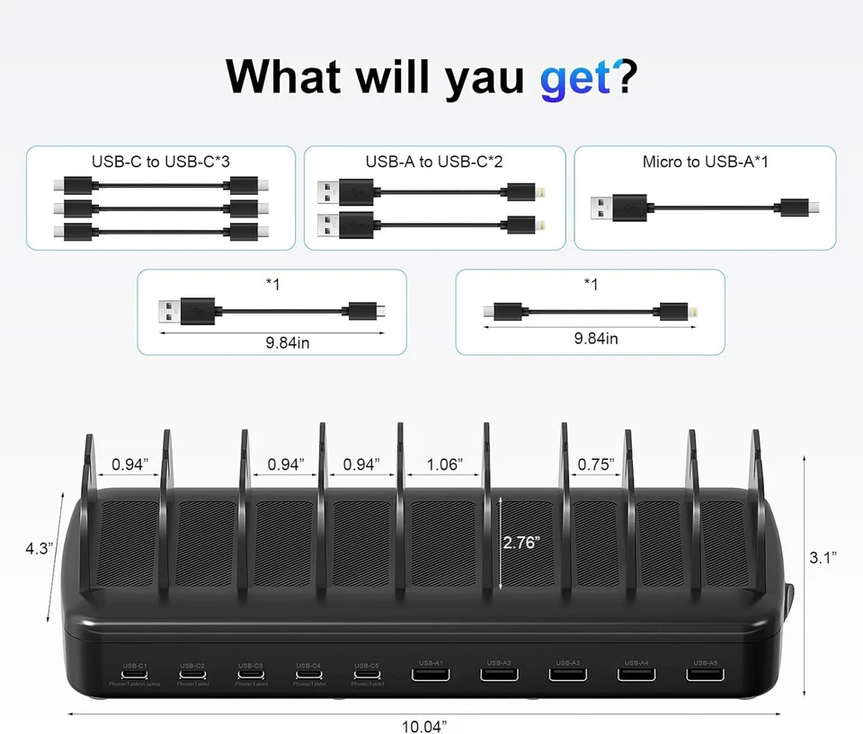 510W Fast Charging Station for Multiple Devices, 10 Port USB C Charger Organizer - Image 2 of 4