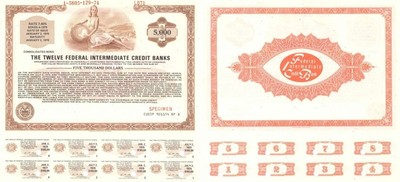 Twelve Federal Intermediate Credit Banks - 1974 dated $5,000 Specimen Bond - D
