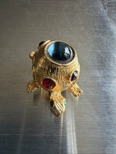 Vintage Blue Cabochon Turtle Brooch W/ Multicolored Rhinestones Gold Tone Nice 