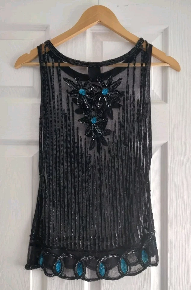 Kate Moss x Topshop Sheer & Sequin Top. 20s Gatsby Flapper Style. Size 10 - Image 2 of 4