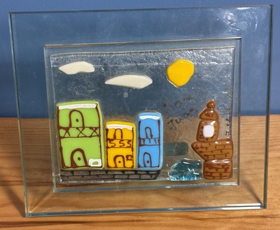Modernist Art Fused Glass Town City Skyline Puerto Rico San Juan Signed ~7 x6 