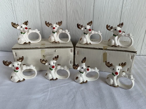 Vintage Fitz & Floyd Christmas Reindeer Napkin Ring Set Of 8 - Picture 1 of 20