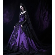Antique Purple And Black Gothic Wedding Dress Long Sleeve Victorian Bridal Gowns