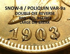 1903 Indian Head Cent - AU++ SNOW-8/POLIQUIN VAR-9A, RPD, DDR, DIE BREAK (M722)
