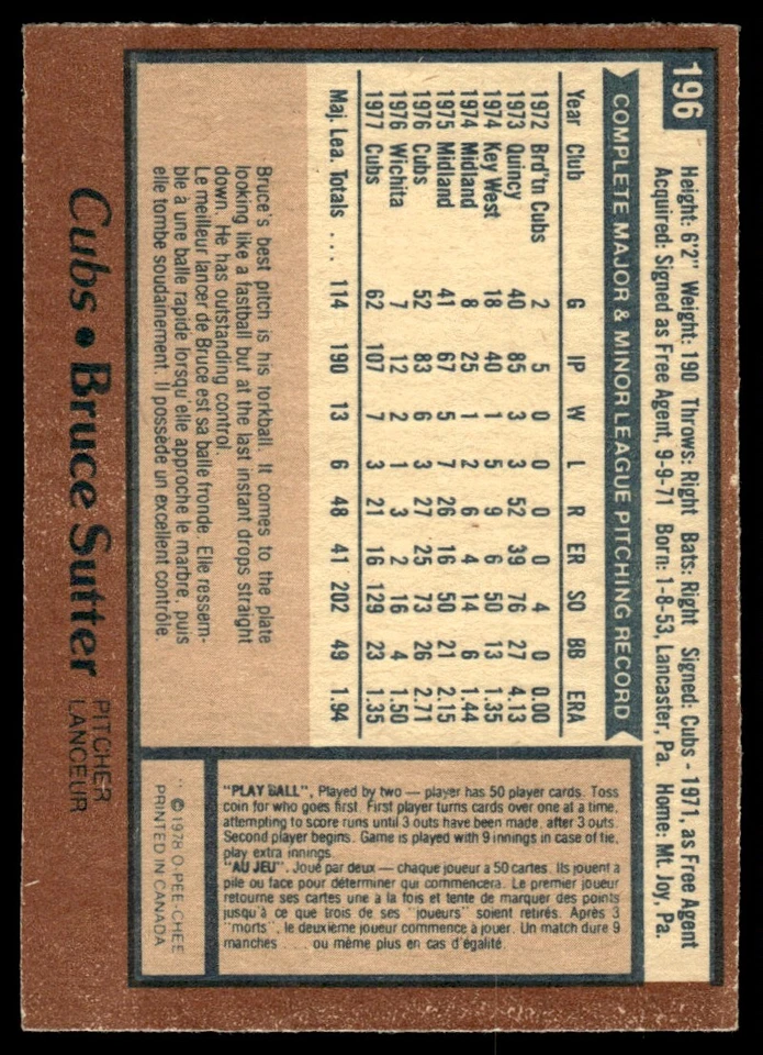 1978 O-Pee-Chee Bruce Sutter Chicago Cubs #196 R44 - Image 2 of 2