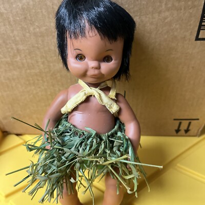 Vintage Hawaii Hula Girl Doll Grass Skirt Paper Lei Eyes Close F1