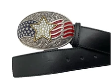 Men's Leather Belt Leather Ratchet Black fits 36 Flag Americana Rhinestones