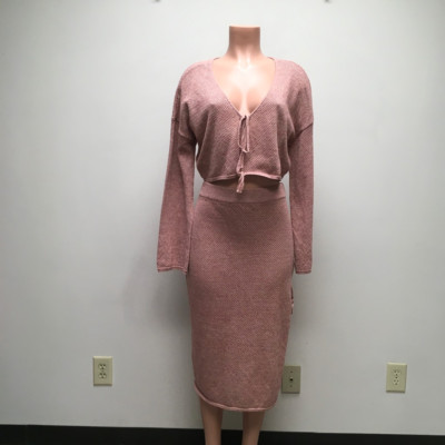 Minkpink Womens Tambo Sweater Skirt Set Rust Pink Knit Tie Front V-Neck  L New