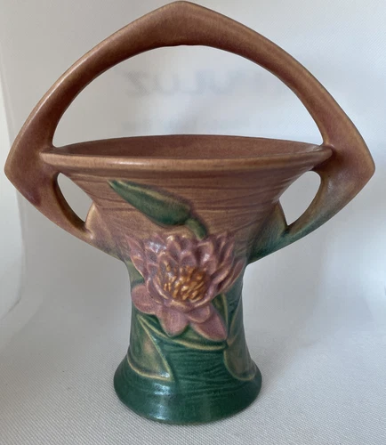 Roseville Pottery Water Lily Pink Green Handled Mid Century Modern Basket 380-8”