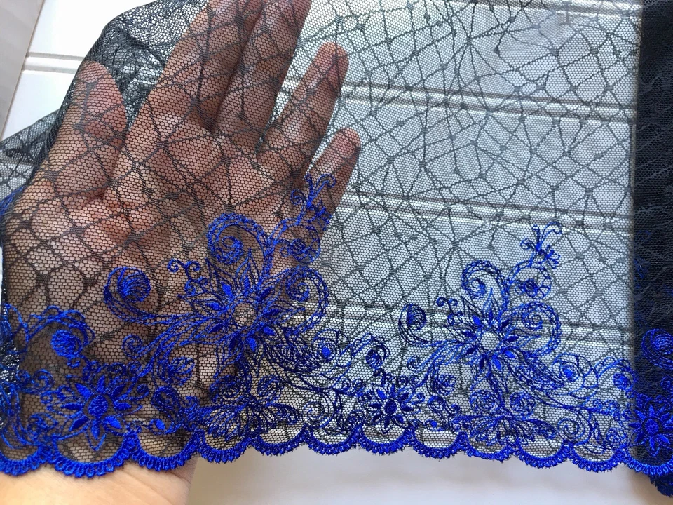 2 Pieces Black & Royal Blue Floral Embroidered Lace Trim /Sewing/Crafts/9" Wide - Image 3 of 4