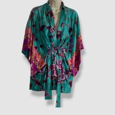 185 Natori Women's Blue Ume Short Robe Satin Floral Graphic Sleepwear Size XS