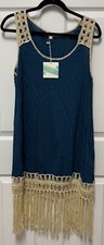 NWT Umgee Deep Sea Fringe Tank Dress Tunic Top Size Small Was $44