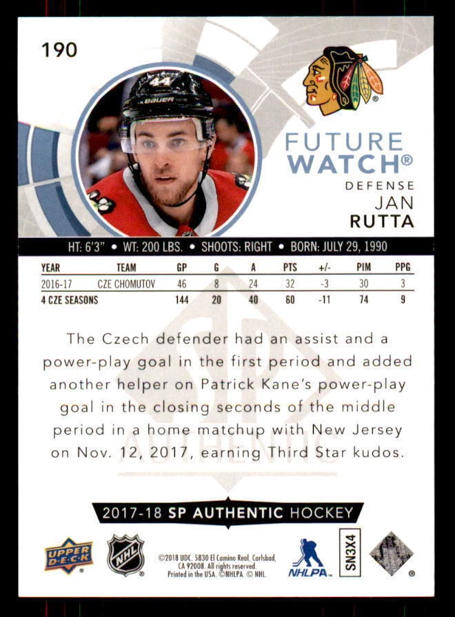 2017-18 SP Authentic #190 Jan Rutta FW Rookie #/999 (ref 31493) - Image 2 of 2