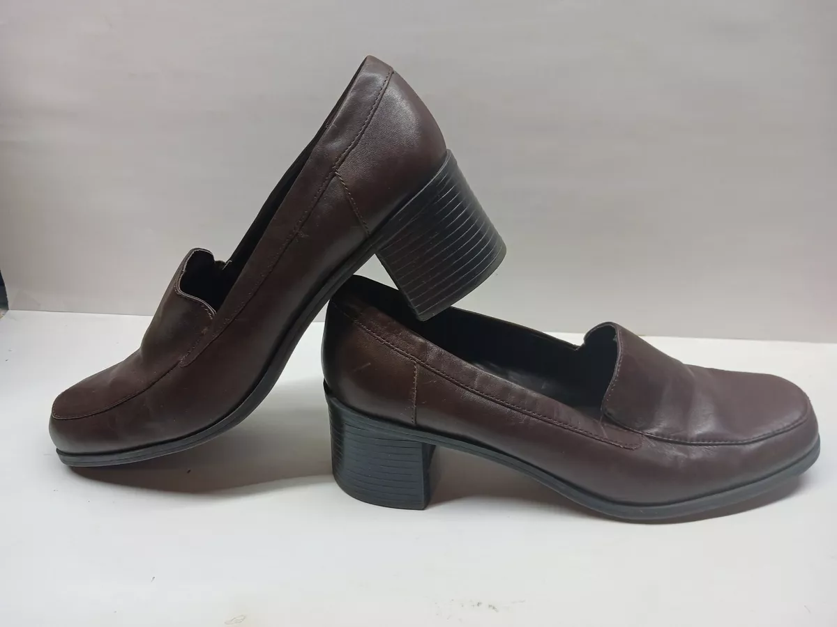Croft Barrow Womens Brown Square Toe Leather Slip On Block Heel Shoes Size 8W