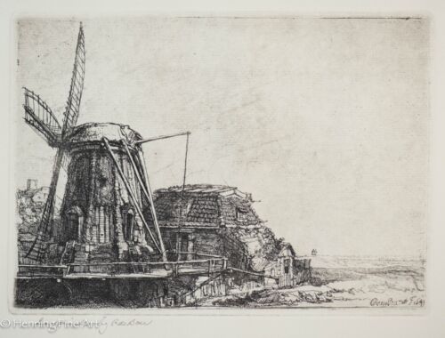 Vintage Rembrandt Etching "The Windmill," Dutch Landscape, Titled Stamped Verso