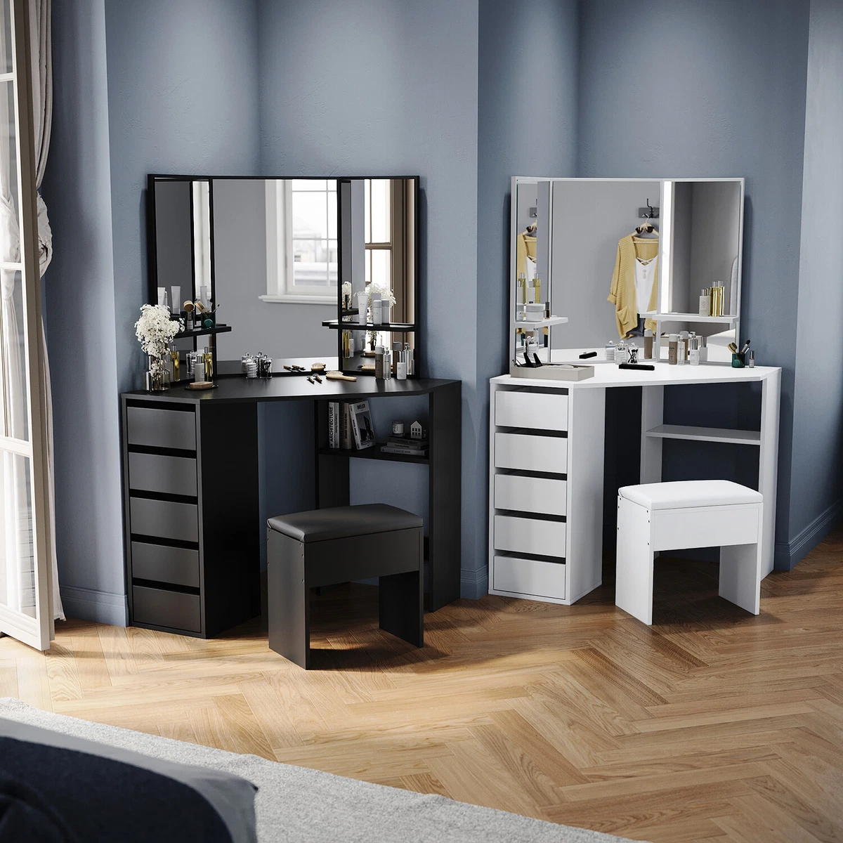 Modern Dressing Table Makeup Desk with Mirror Drawers Stool Bedroom Vanity Set