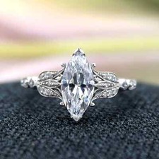 Real Moissanite 1.50Ct Marquise Cut Art Deco Wedding Ring 14K White Gold Plated
