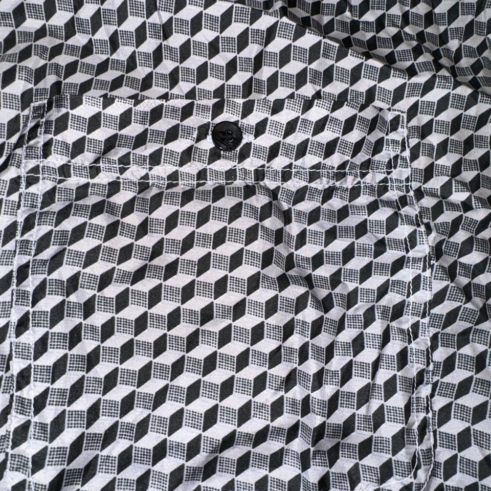 Robert Louis Men's Large Silk Button Up Casual Black Geometric Shirt Black Gray - Image 3 of 4