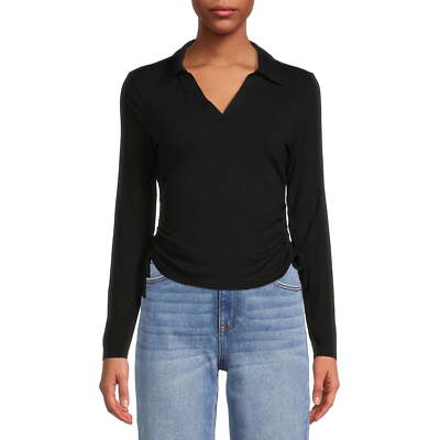 No Boundaries Juniors Ruched Collar Knit Polo Shirt Black Soot M (7-9)