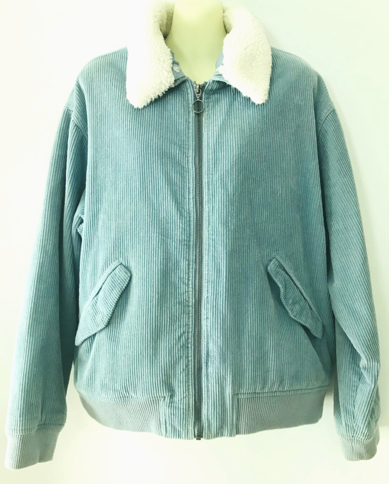 Element Aqua Blue Cord Bomber Jacket with Sherpa Removable Collar Size M Lined