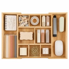 Bamboo Drawer Organizer Expandable Desk Storage Set, 10 Adjustable Compartment