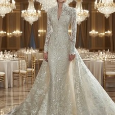 Detachable Train Mermaid Bridal Gowns Long Sleeves Applique Wedding Dresses