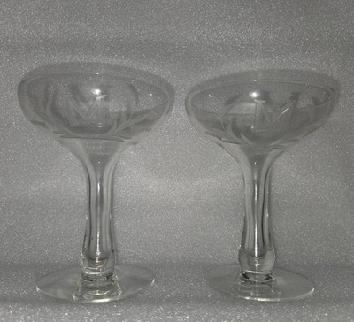 Vintage Hollow Stem Champagne Glasses Monogram Initial M x2