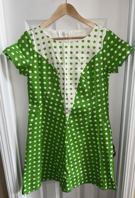 Vintage 90 s Beeline Green Shamrock Mini Dress 14 Short Sleeve Cotton Spring
