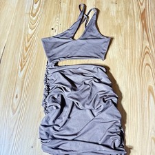 SHEIN Womens Small Taupe Ruched Bodycon Mini Dress Cutout One Shoulder Club