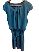 Guess Los Angeles Teal Blue Knee-Length Dress Gold Button Ribbon Belt Size 10/M 