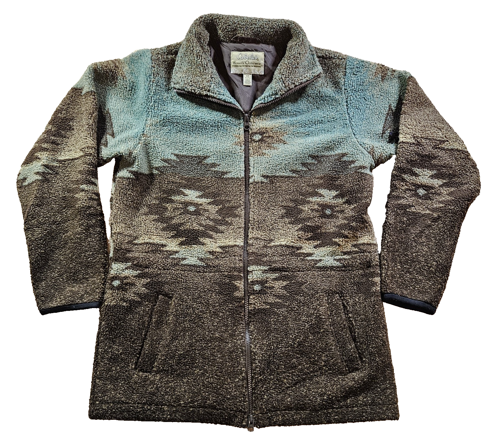 Vintage Cabela's Aztec Tribal Fleece Jacket Women's Size S Brown Deep Pile