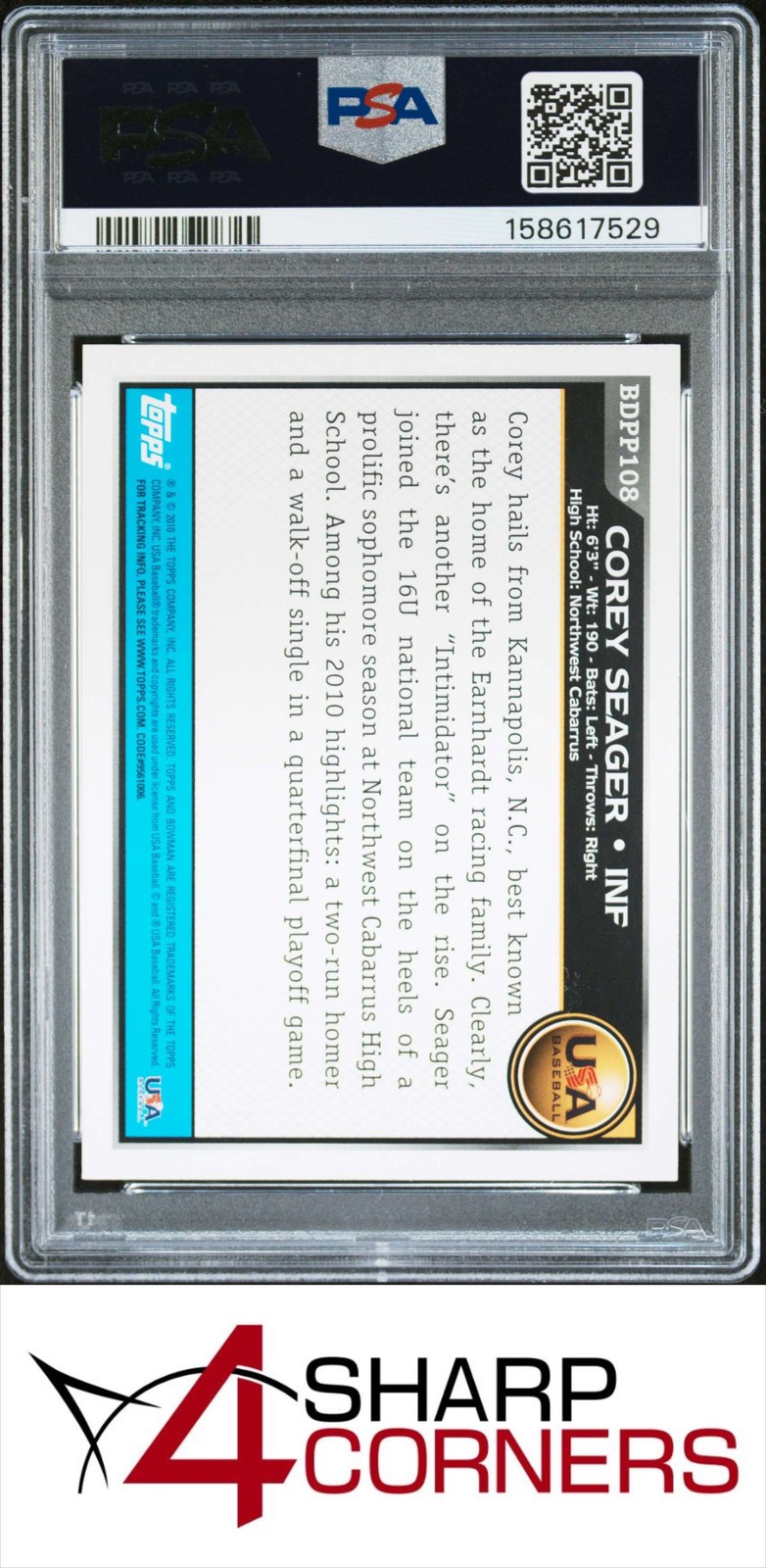 2010 BOWMAN DRAFT PICKS & PROSPECTS #108 COREY SEAGER RC PSA 10 view 2