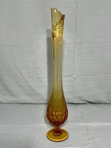 Vintage MCM Fenton 18” Tall Amber Swung Glass Vase Thumbprint W/Pedestal Base