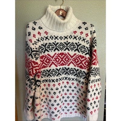 Eddie Bauer Cream Nordic Fair Isle Turtleneck Sweater with Red & Black Pattern