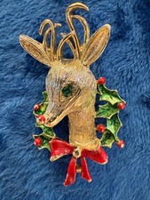 Vintage Gerry's Gold Tone Reindeer Brooch Christmas Bow Wreath Pin 2 by 1 in