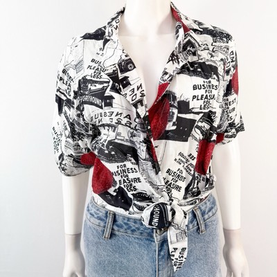 The Kooples SPORT Viscose and Cupro Wrap Shirt With Newspaper Print in Black
