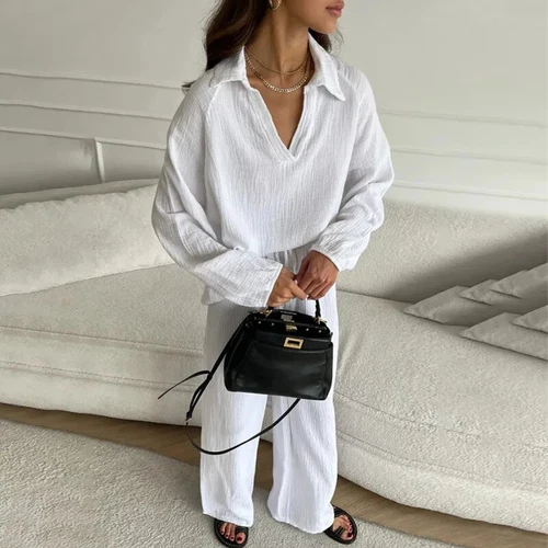 Women V Neck Long Sleeved Top Loose Casual Drawstring Pants Set 2Pcs Set Summer - Picture 11 of 28