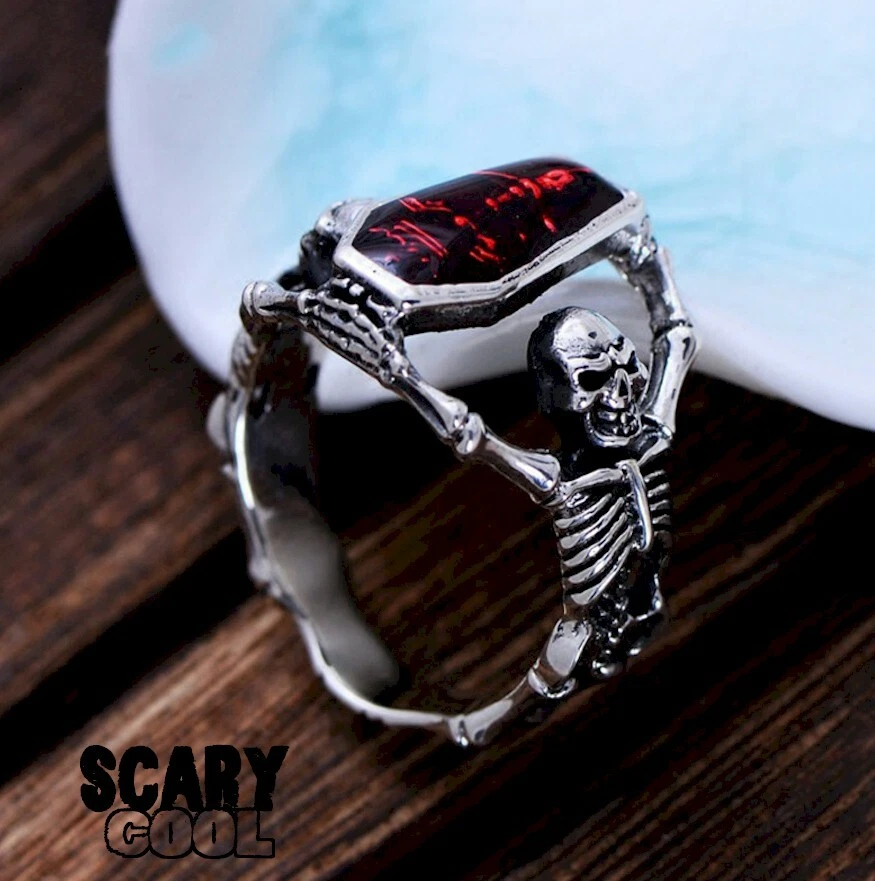 Nuevo Anillo Esqueleto Ataúd Vampiro Calavera Gótico Plata Motociclista Para Hombres Foto 4 de 4