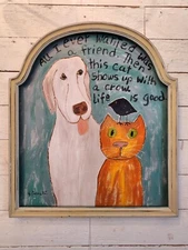 Joyce Connell Primitive  Southern Folk Art Dog And Cat Painting "Finding Friends