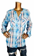 ana a new approach L Top NWT $44 Plaid Check Soft Button Up Shirt Blouse Low Cut