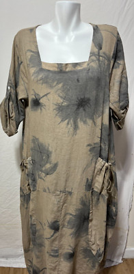 Cristina Vergani Italy Women Linen Long Maxi  Dress Large Beige Grey New NWT