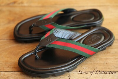 Gucci schwarz Leder GG rot grün Streifen Sandalen Schieber Flip Flops Herren UK 6 US 7